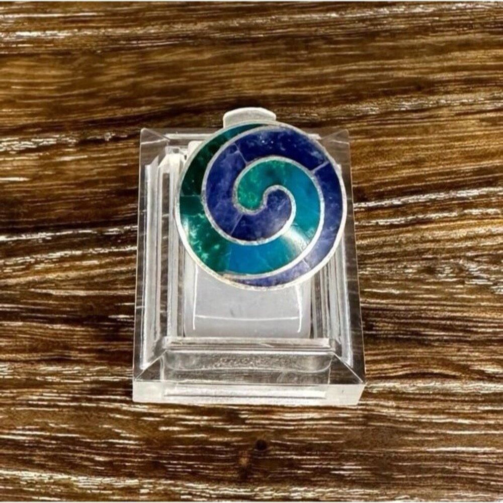 950 Silver Peruvian Inlay Lapis Lazuli & Malachite Swirl Ring Sz 5 Adj